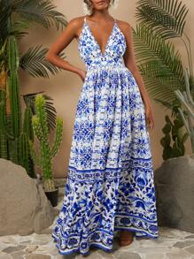 Travachic Woven Printed Deep V-Neck Criss Cross Backless Cami Dress - Blue - View 4