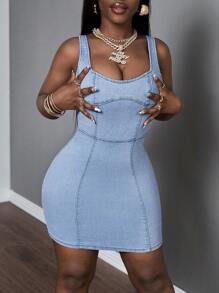 Slaydiva Zip Back Bodycon Denim Dress For Holiday - Light Wash - View 2