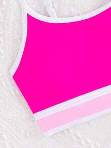 SHEIN Tween Girl Summer Beach Hot Pink Contrast Binding Bikini Set - Hot Pink - View 4