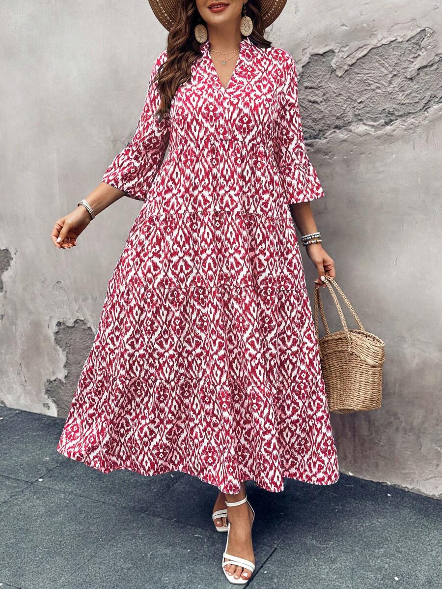 SHEIN LUNE Váy thường ngày in họa tiết ngẫu nhiên cỡ lớn cho nữ - Đỏ - Xem 1