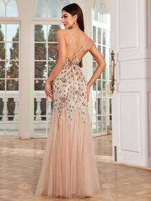 Mgiacy Sparkly V-Neck Slim-Fit Fish-Tail Long Dress With Spaghetti Straps - Champagne - View 2