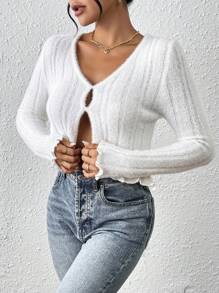 Chiquease 女士柔软褶边纯色 V 领短款针织开衫