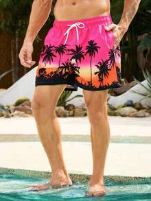 Manfinity Willekeurig bedrukte strandshorts voor heren, zwembroek - Fel roze - Bekijken 3