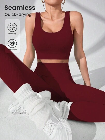 Easithlete Enfärgad rund halsad topp och slim fit sportbyxa set, kvinnor gym kläder för kinesiska nyåret Träningspass kvinnor set kvinnor träning set kvinnor Leggings set