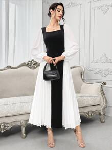 Modelyn Women's Solid Color Splicing Square Neck Long Sleeve Arabian Dress - Black and White - View 4