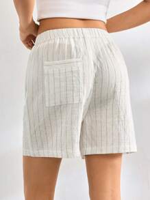 Ocili Leisure Women's Comfortable Striped Linen Waist Tie Shorts For Home Wear - Khaki - View 2