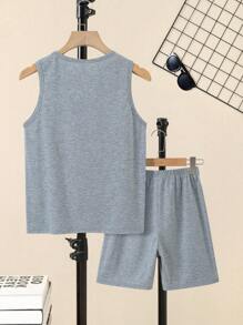 SHEIN Tween Boy Casual Cartoon Game Console Printed Round Neck Tank Top And Shorts 2Pcs Set, Suitable For Summer