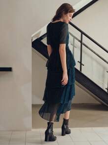 MOTF PREMIUM SOLID SURPLICE NECK LAYERED RUFFLE HEM PLISSE DRESS