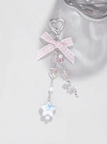 ROMWE Kawaii 1pc Sweet And Lovely Schoolgirl-Style Pink Plaid Woven Ribbon Bow Crystal Star Heart Pearl  Pendant Keychain Bag Charm, Suitable For Women And Students' Daily Decoration And Festival Gifts