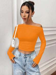 SHEIN Unity 春夏秋季休闲纯色不对称领褶皱修身短款长袖橙色上衣 - 橘色 - 查看 1