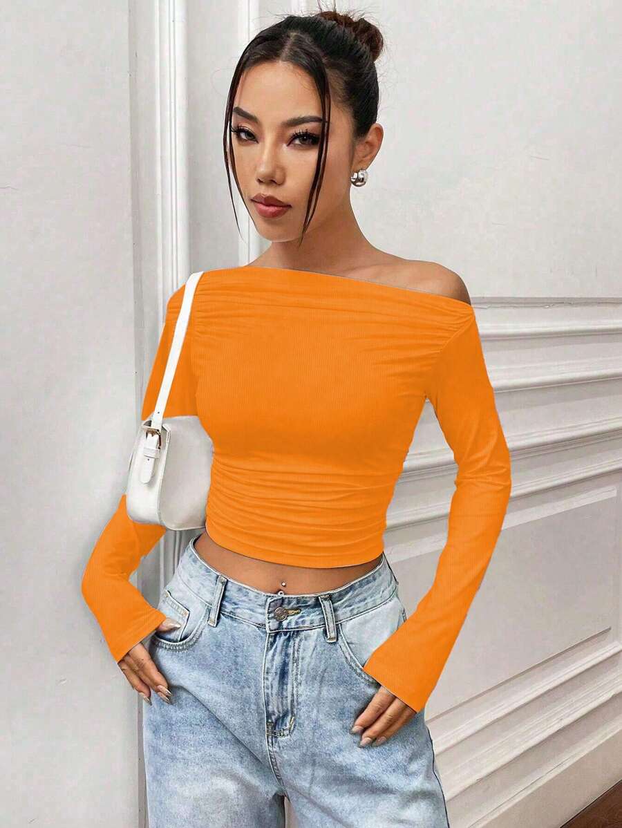 SHEIN Unity 春夏秋季休闲纯色不对称领褶皱修身短款长袖橙色上衣 - 橘色 - 查看 1