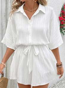 SHEIN VCAY 加大號蝙蝠袖打結前衣褲套裝