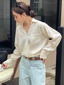 DAZY Solid Color Oblique Placket Long Sleeve Lady Shirt With Fitted Pocket - Apricot - View 4