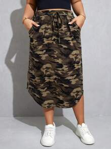 SHEIN Essnce Plus Size Women Camouflage Skirt, Casual Skirt, Straight Skirt, Summer Women Skirtes, Fall Women Skirt, Casual Summer Skirt, Back To School Teacher Earthy Skirt - Army Green - View 4