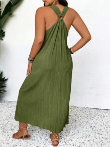 SHEIN Frenchy Plus SizeSummer Beach V Neck Dress Wooden Hoop Embellished Shoulder Strap Textured Flowy Fabric Beach Summer Green Long Dress - Army Green - View 3
