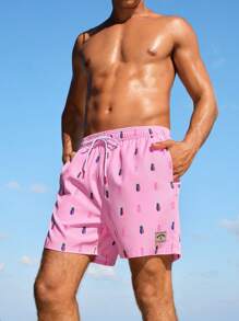 Manfinity Men's Pineapple Print Drawstring Waist Loose Fit Beach Shorts For Vacation