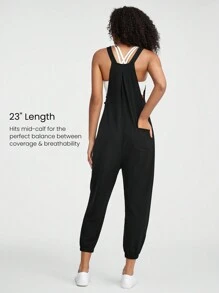 GLOWMODE 23" Waffle-Knit Soft Adjustable Straps Multi Pockets V-Shaped Waistline Cozy Jogger Overalls Daily Casual - Black - View 2