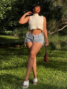 Flirla Plus Mock Neck Knot Side Crop Sweater Vest - Beige - View 5