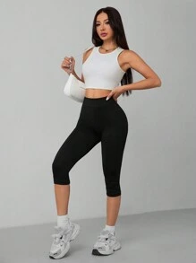 SHEIN PETITE 休闲黑色高腰3/4长紧身打底裤，适合夏季穿着 - 黑色 - 查看 4