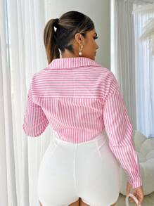 SHEIN SXY Women's Simple Commute Minimalist Loose Short Buttoned Long Sleeve Elegant Striped Pink Shirt, Long Sleeve Tops - Pink - View 2