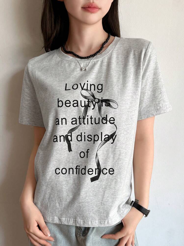 Women's Summer Casual Short Sleeve T-Shirt With Bowknot And Slogan Print Loving Beauty Is An Attitude And Display Of Confidence Cute Tops