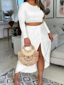 Slaydiva Conjunto de dos piezas largas para mujer, con blusa de manga larga ajustada y elegante, en blanco, y falda asimétrica larga plisada con cinta, adecuado para fiestas y uso diario, otoño, talla grande - Blanco - Ver 1
