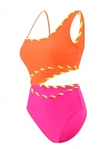 SHEIN Swim 女士海滩度假拼色连体泳衣，镂空腰部和一条肩带，夏季连体泳衣 - 彩色 - 查看 4