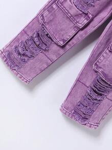 Young Girl Vintage Street Style Ripped Distressed Light Wash Straight Leg Cargo Jeans With Multiple Pockets - Purple - View 4