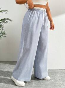 SHEIN EZwear Pantaloni largi, casual, cu dungi, albastru și alb, pentru vacanță - Albastru si alb - Vizualizare 3