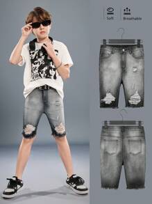 SHEIN Pantalones cortos vaqueros negros informales de verano con efecto desgastado, rasgado y con borde deshilachado para niños preadolescentes
