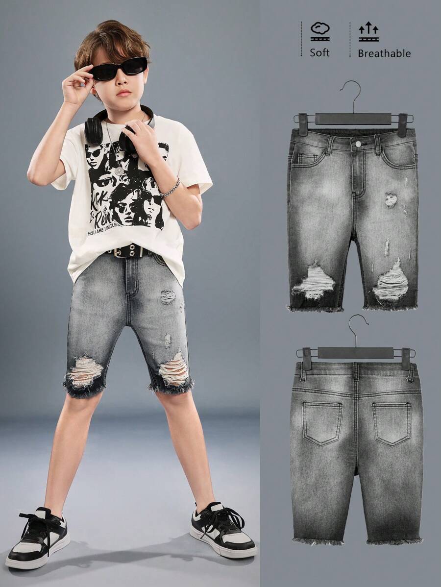 SHEIN Pantalones cortos vaqueros negros informales de verano con efecto desgastado, rasgado y con borde deshilachado para niños preadolescentes