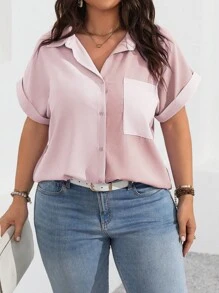 Vionelle Camisa de manga corta diaria sencilla con bloqueo de color para mujer talla grande, para el verano - Rosa - Ver 7