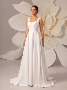 Women's Solid Color Sleeveless Backless Minimalist Waist-Cinched Maxi Wedding Dress With Train White Elegant Bridal Dress