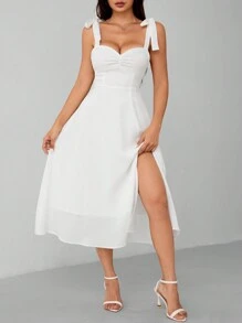 SHEIN PETITE 法式風格肩帶露肩連帶腰長裙，夏季假日裙裝 - 白色 - 查看 6