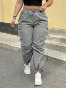 POPSWAY Plus Size Casual Solid Color Multi-Pocket Drawstring Trousers Cargo Pants