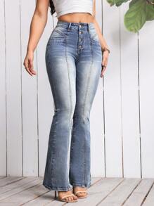 SHEIN LUNE Jeans de pierna acampanada con botones en la bragueta - Lavado ligero - Ver 4