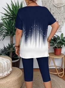Summer Casual Color Block Short Sleeve T-Shirt And Leggings 2-Piece Set For Plus Size Women, Slim Fit