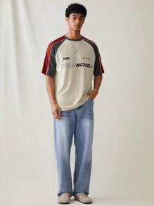 SWAVVY Camiseta de manga corta con bloqueo de color, gráfico de letra, holgada y de punto para hombres, con parches y estampado, adecuada para uso diario, para salir, camiseta de béisbol vintage, para amigos, verano, otoño - Multicolor - Ver 4