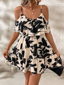 SHEIN Clasi Elegant Open Shoulder V-Neck Lotus-Leaf Two-Tone Floral Women's Dress