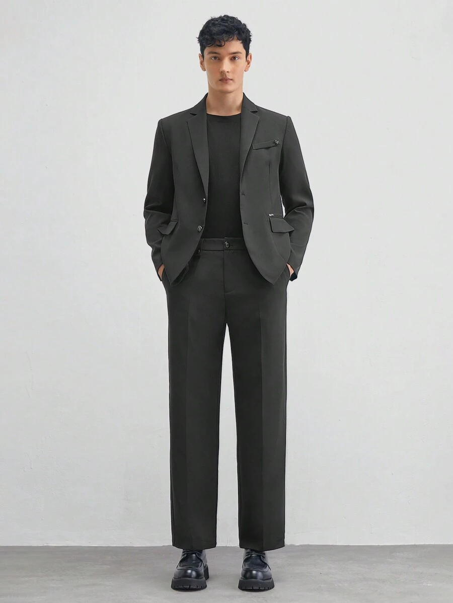 Manfinity VCAY Men's 2pcs Woven Business Casual Suit, Long Coat And Straight Pants Set, Suitable For Spring And Autumn - Black - View 1