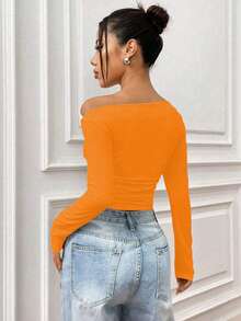 SHEIN Unity 春夏秋季休闲纯色不对称领褶皱修身短款长袖橙色上衣 - 橘色 - 查看 2