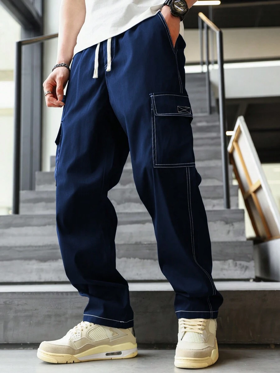 Manfinity Homme Quần Cargo nam trơn màu đơn giản, phong cách thường ngày, có dây rút, quần Jeans nam Cargo Baggy, quần ống đứng ống rộng thường ngày cho nam, mùa thu - Màu xanh hải quân - Xem 1