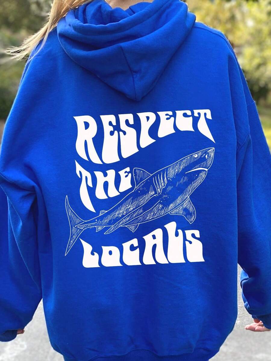 SHEIN EZwear Plus Size Women's Printed Simple Daily Hooded Sweatshirt, RESPECT The LOCALS Graduation,Back To School Outfits,Graduation,Teacher Outfits For Women,Back To School - Blue - View 1