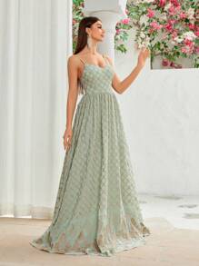 Mgiacy Spaghetti Strap Chiffon Embroidered Dress With Fixed Positioning And Large Swing - Green - View 4