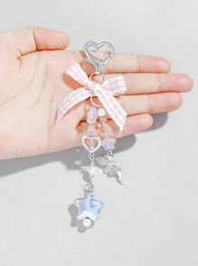 ROMWE Kawaii 1pc Sweet And Lovely Schoolgirl-Style Pink Plaid Woven Ribbon Bow Crystal Star Heart Pearl  Pendant Keychain Bag Charm, Suitable For Women And Students' Daily Decoration And Festival Gifts