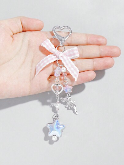 Kawaii 1 pieza Llavero colgante con dije de corazón de estrella de cristal y perla dulce y encantador con lazo de cinta tejida con diseño de cuadros rosa en el estilo escolar para decoración diaria de mujeres y estudiantes y regalos de festival