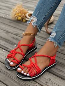 Women's Red Flat Rope Sandals, Slip-On Woven Design, Comfortable And Open Toe Sandals - Red - View 3