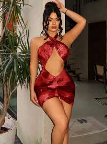 SHEIN SXY Sexy Marble Printed Ruffle Cut Out Bodycon Mini Halter Dress Summer Holiday Vacation Beach Casual Fairy Flowy Boho Birthday Bachelorette Party Women Outfit