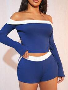 SHEIN SXY 季節秋季服裝，舒適休閒秋季服裝，女士荷邊長袖襯衫，側面綁帶和荷邊袖口，配緊身短褲，2件套休閒運動服裝 - 藍色 - 查看 6