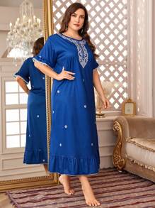 Plus Floral Print Contrast Lace Ruffle Hem Pajama Night Dress, Long Dress - Blue - View 4